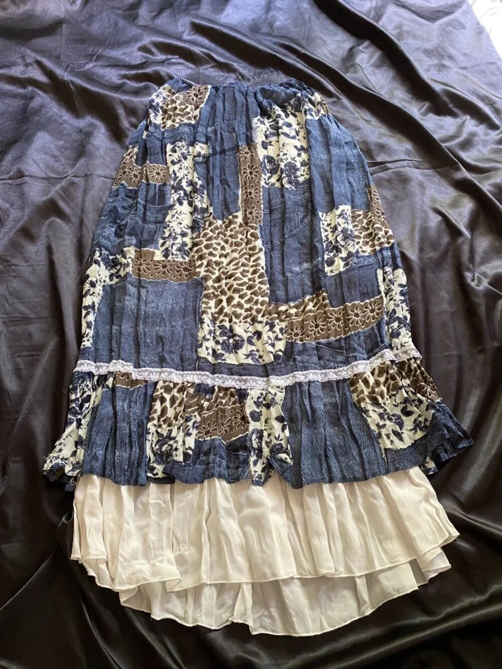 Vintage y2k Denim Leopard Lace Patchwork Laceup Boho Western Fairy Skirt Size 6 - Picture 8 of 8